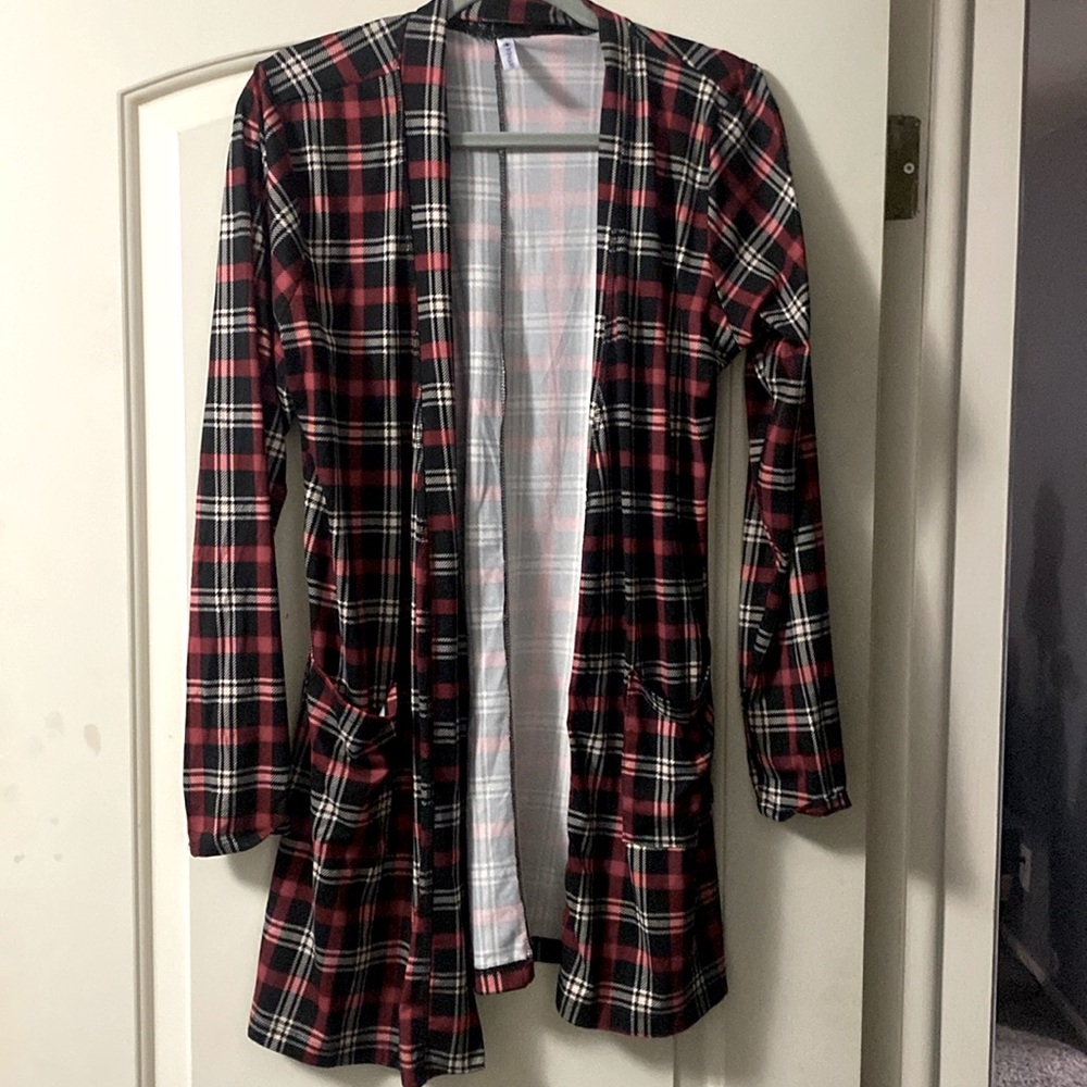 Cardigan, lightweight, black, and red and white .  
Made by Piphany.  Size. 3